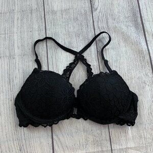 Victoria's Secret 36C Pink Date Racerback Bra Black Lace Front Close
